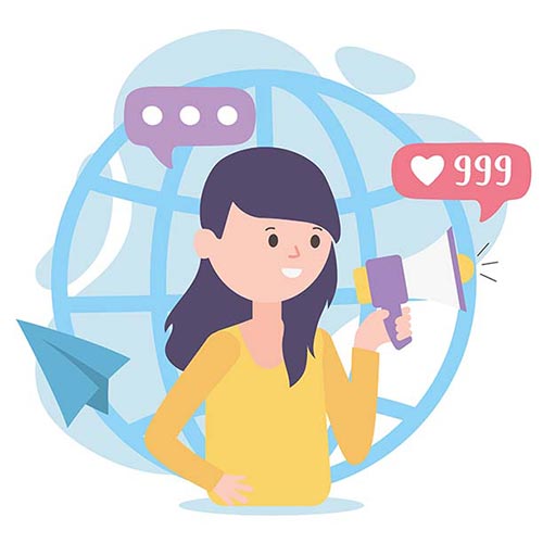Ilustración de chica recomendando productos en las redes sociales. Recomienda productos deRodríguez en tus redes sociales y gana dinero en nuestro programa de márketing de afiliados.